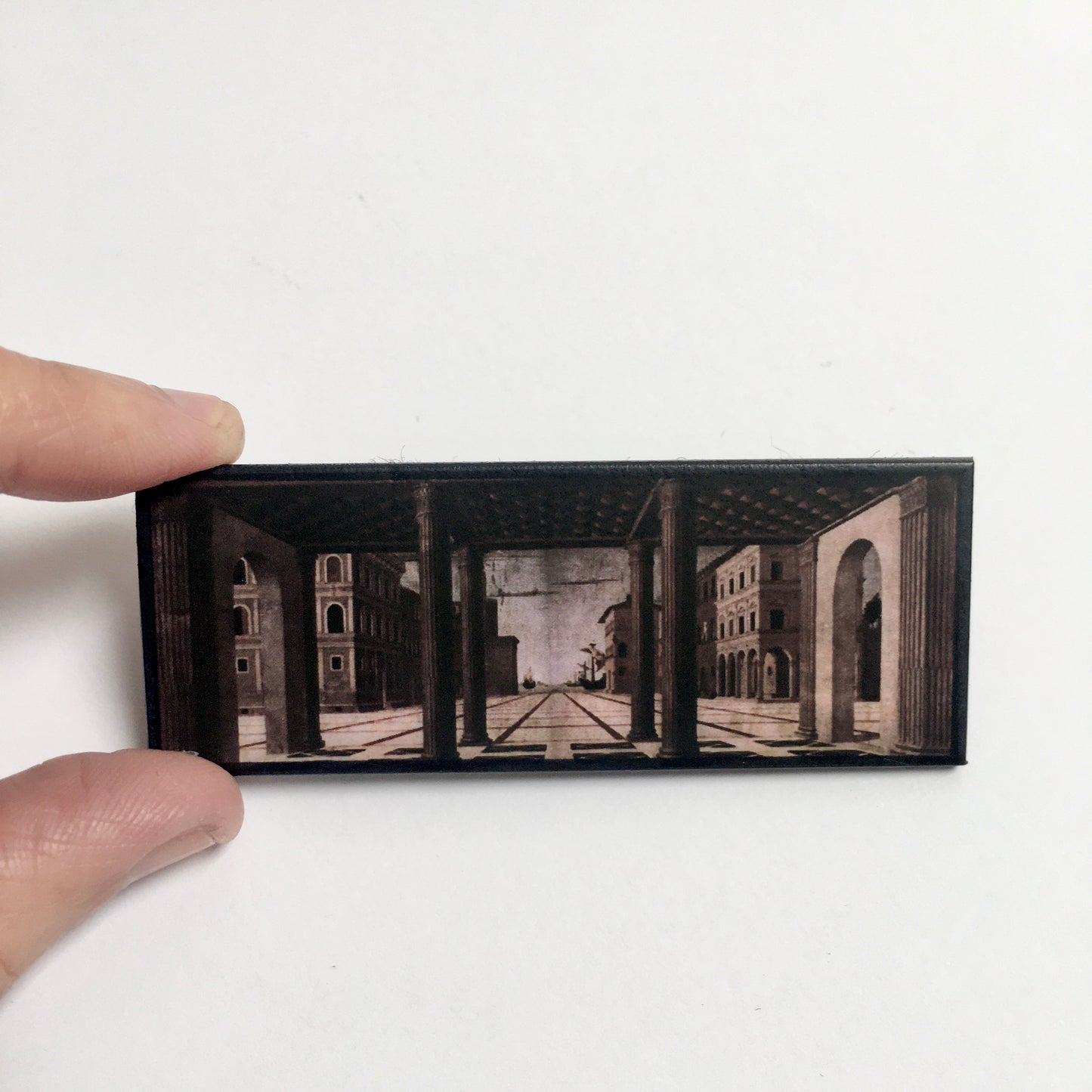 The Ideal City, Berlin Renaissance art brooch on sustainable wood. Aesthetic jewellery inspired by the Italian architectonical art. Artsy gift for men and woman.