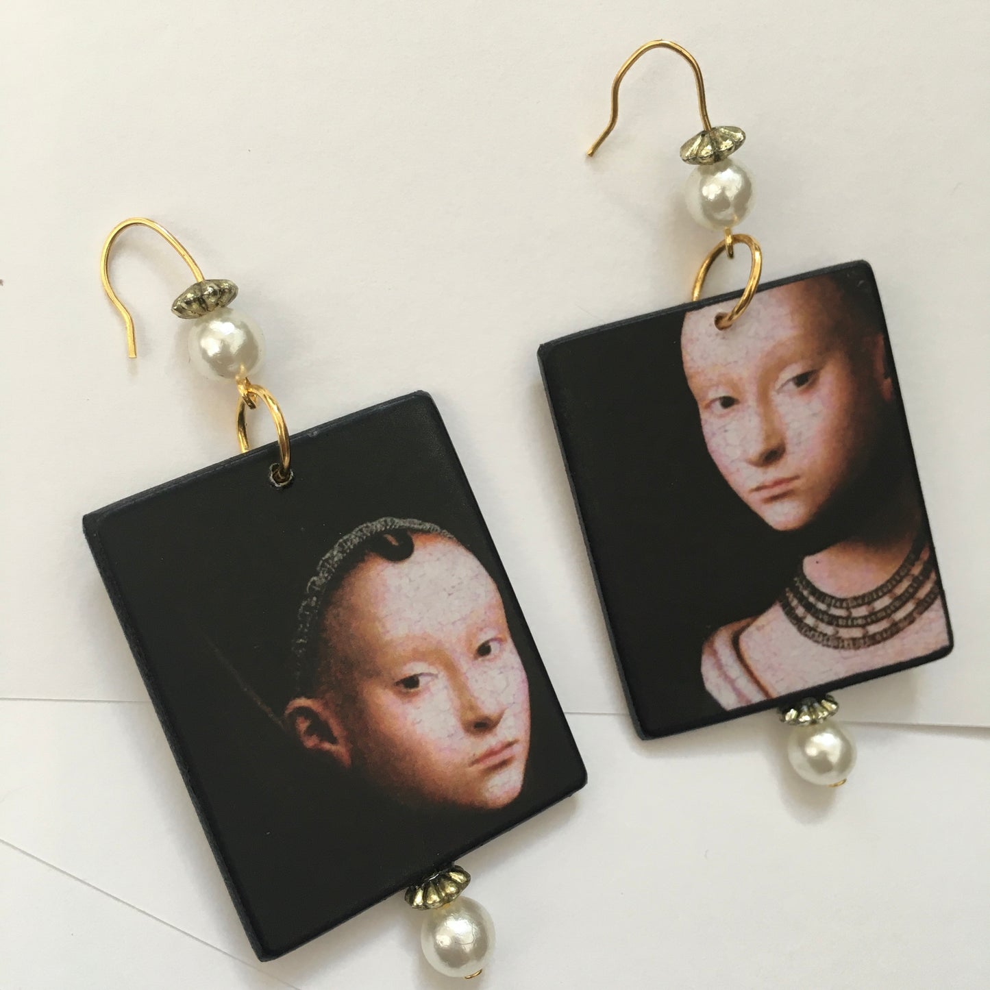 Petrus Christus art earrings handmade from sustainable wood with pearls. Renaissance portrait detail.