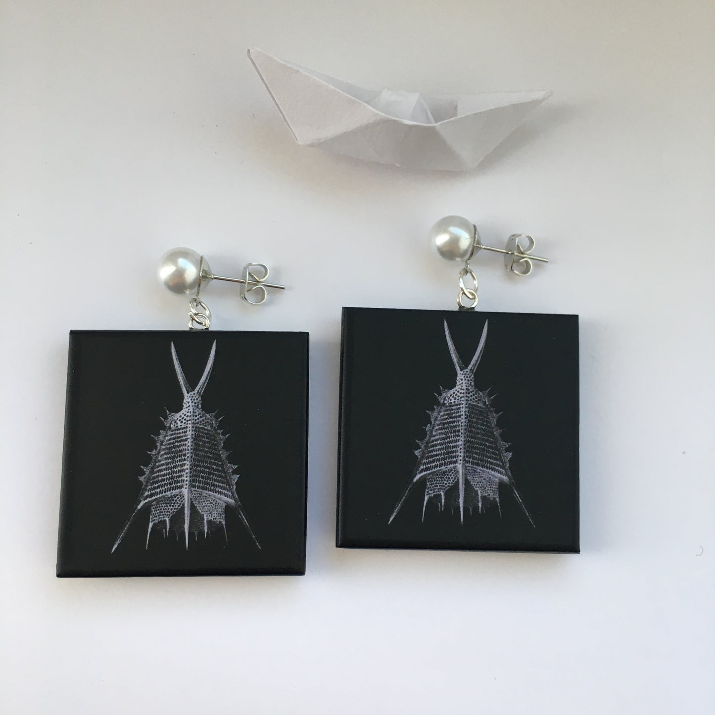 Sustainable wood earrings with stud pearls inspired by Ernst Haeckel marine shells, radiolaria black and white illustration. These earrings are completely handmade by Obljewellery