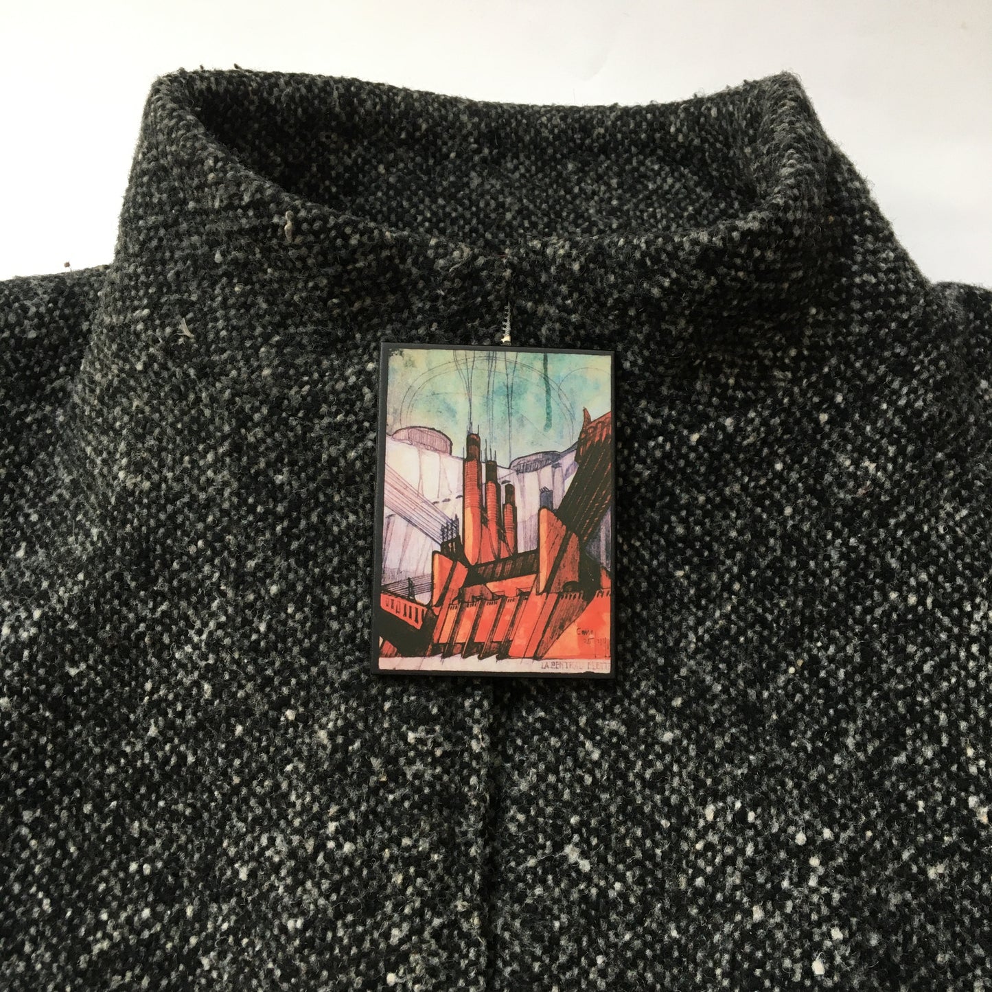 Futurist Architecture drawing by Antonio Sant’Elia, "The power station", part of the series La Città Nuova, 1914., on top of this sustainable wood brooch designed and handmade by Obljewellery, architectural gift.