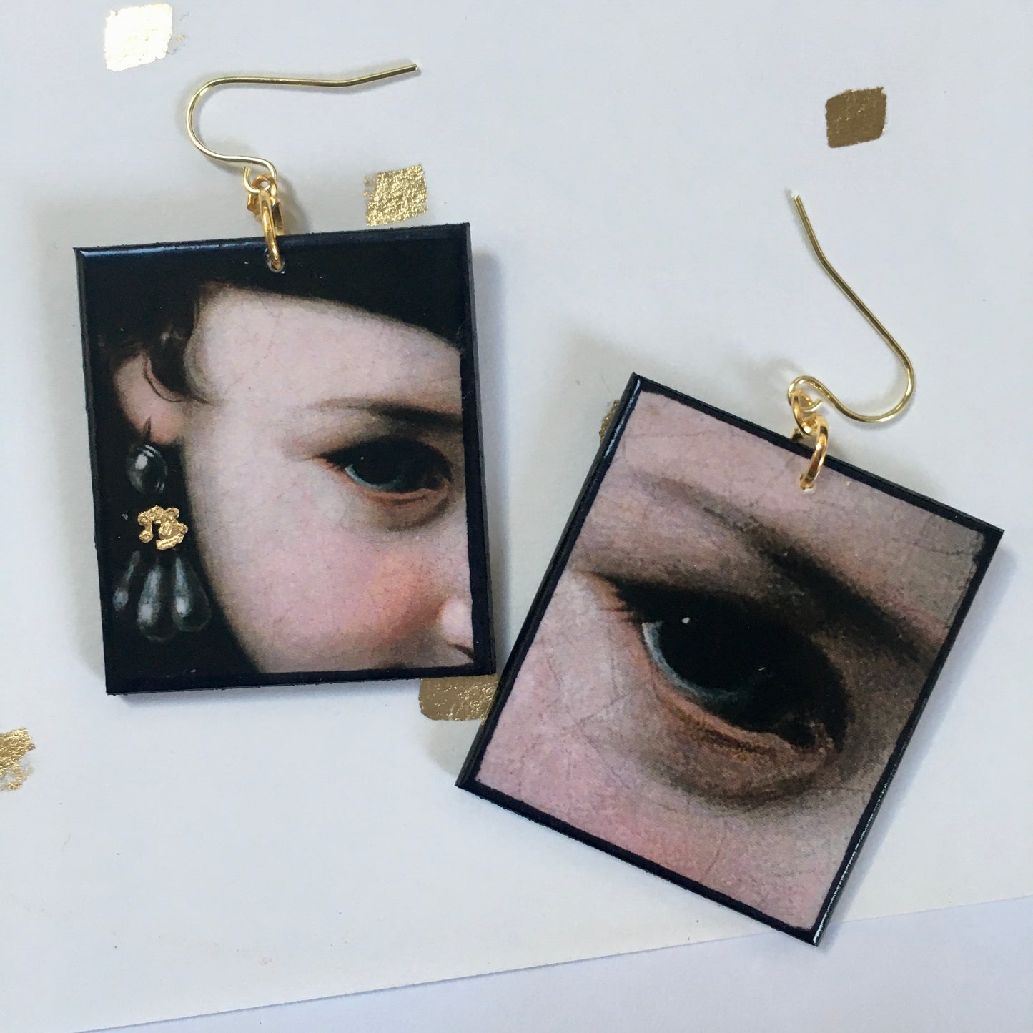 Sustainable wood earrings with eyes details inspired by the Italian Baroque artist Pietro Antonio Rotari and his painting‘Girl with a Book’