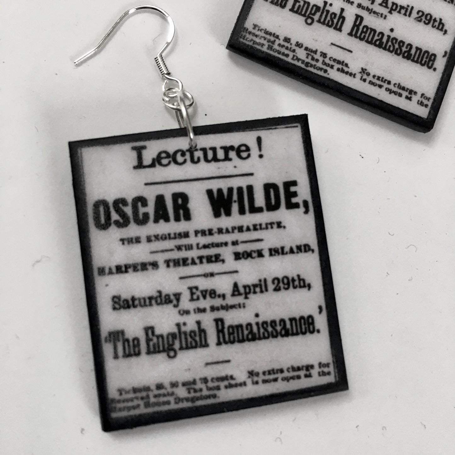 English Renaissance, Oscar Wilde Lectures, newspaper art earrings. Handmade by Obljewellery