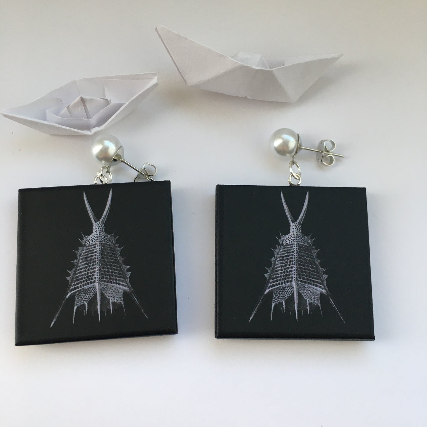 Sustainable wood earrings with stud pearls inspired by Ernst Haeckel marine shells, radiolaria black and white illustration. These earrings are completely handmade by Obljewellery
