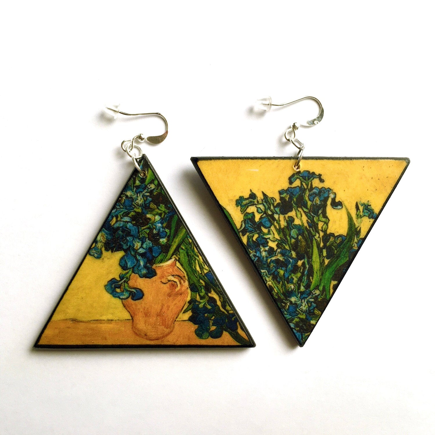 Van Gogh, triangular, asymmetrical earrings, with a detail of the painting Vase with Irises against a Yellow Background. They are made with sustainable wood.
