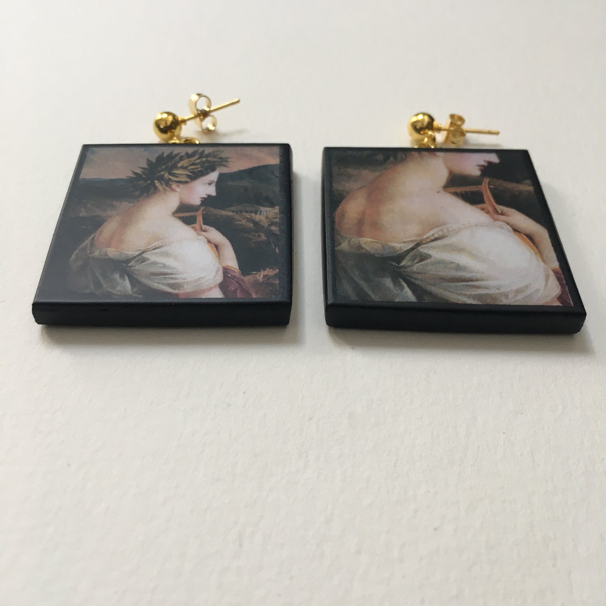 Museum-Inspired Sustainable Earrings Sappho painting by Carl Agricola, sustainable wood earrings Obljewellery