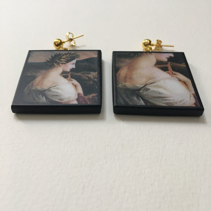 Museum-Inspired Sustainable Earrings Sappho painting by Carl Agricola, sustainable wood earrings Obljewellery