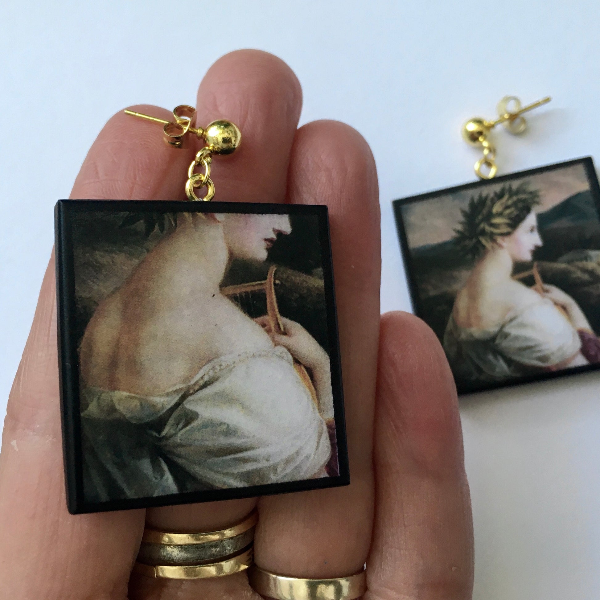 Museum-Inspired Sustainable Earrings Sappho painting by Carl Agricola, sustainable wood earrings Obljewellery