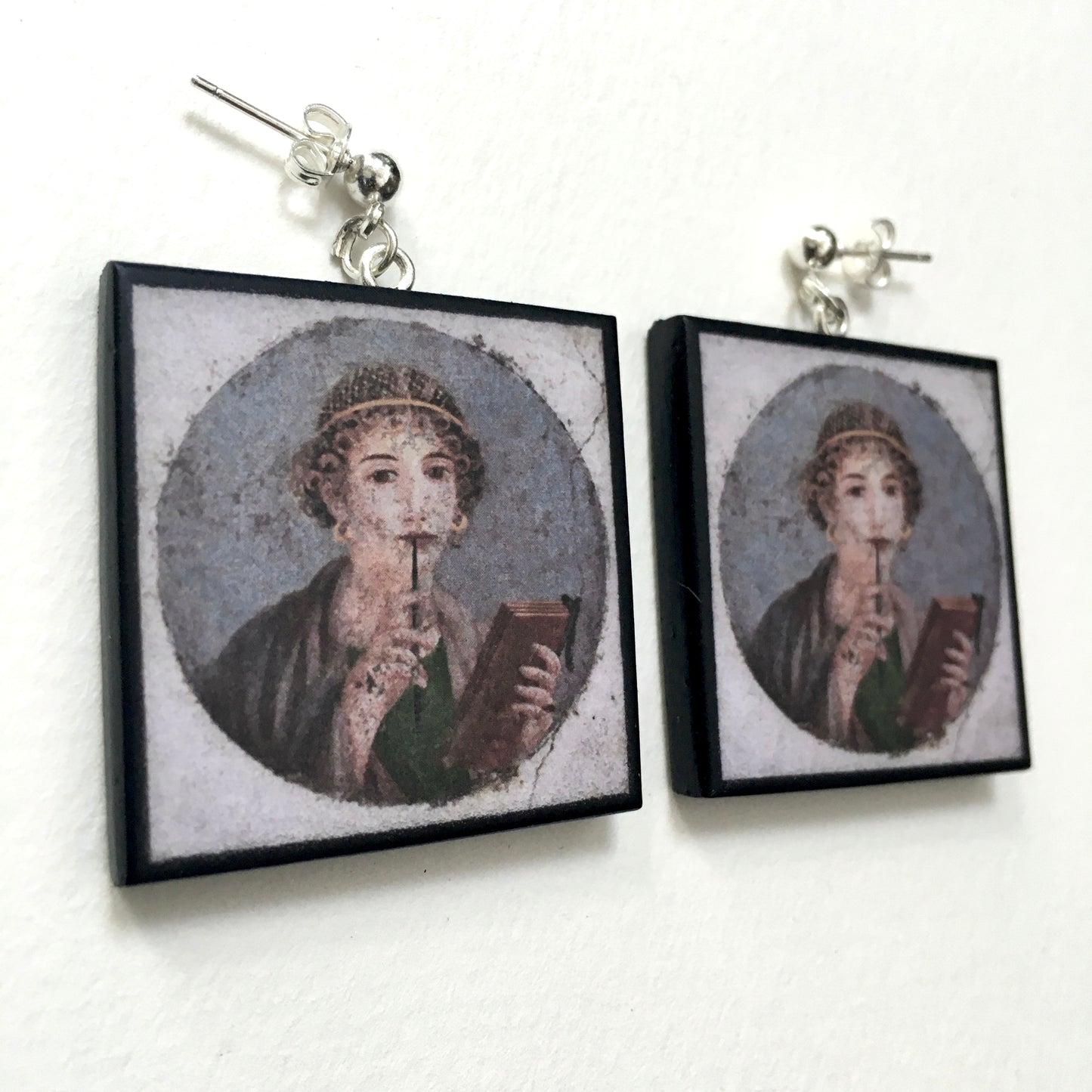Museum-Inspired Sustainable Earrings Sappho Pompeii fresco earrings Obljewellery