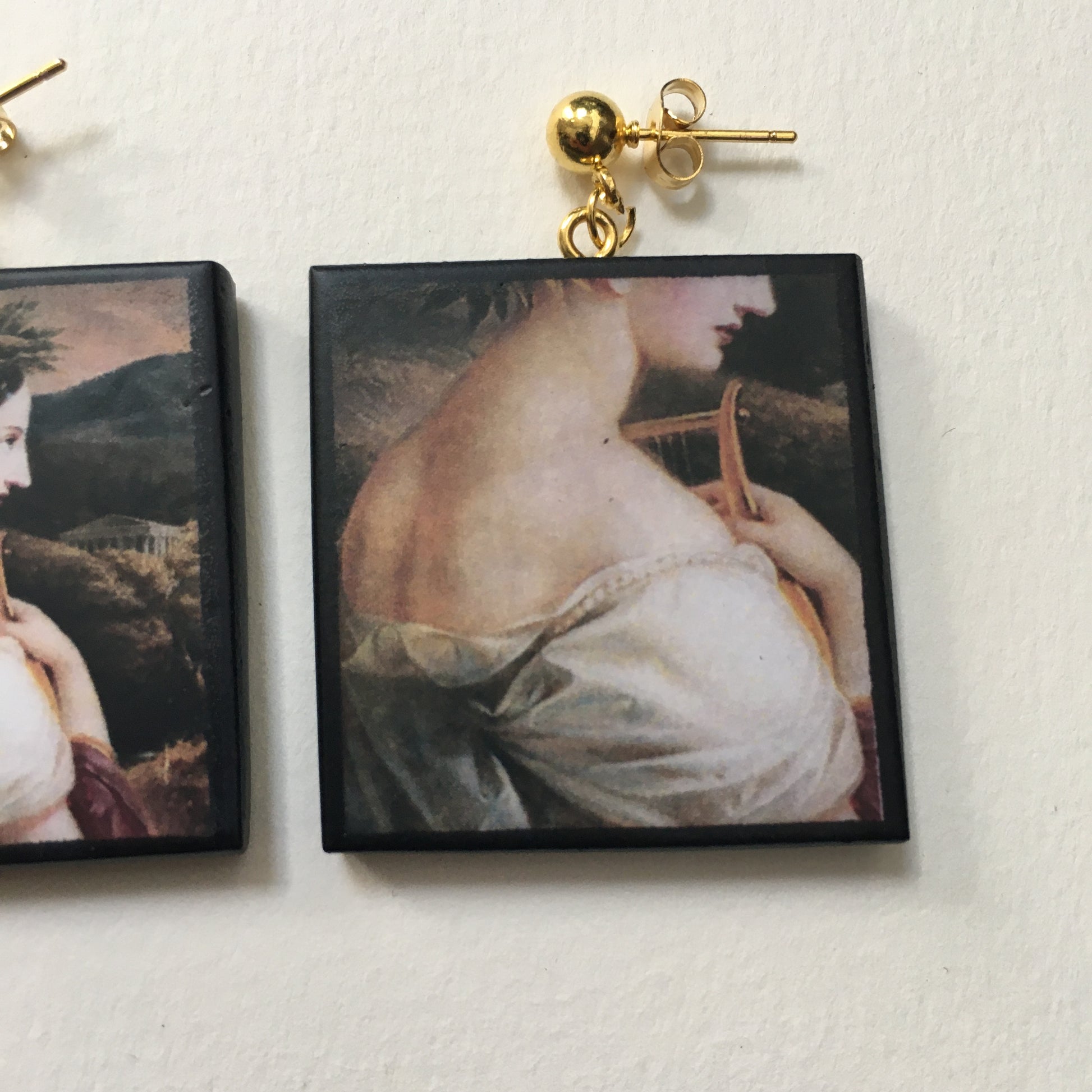 Museum-Inspired Sustainable Earrings Sappho painting by Carl Agricola, sustainable wood earrings Obljewellery