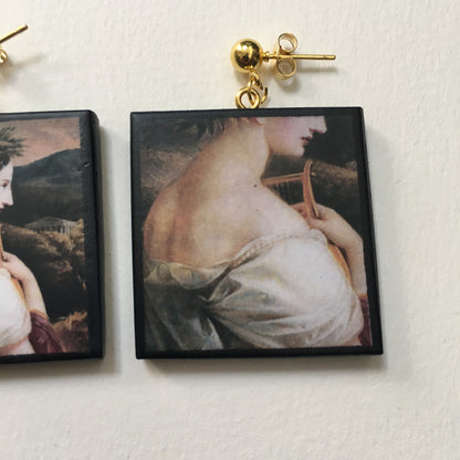 Museum-Inspired Sustainable Earrings Sappho painting by Carl Agricola, sustainable wood earrings Obljewellery
