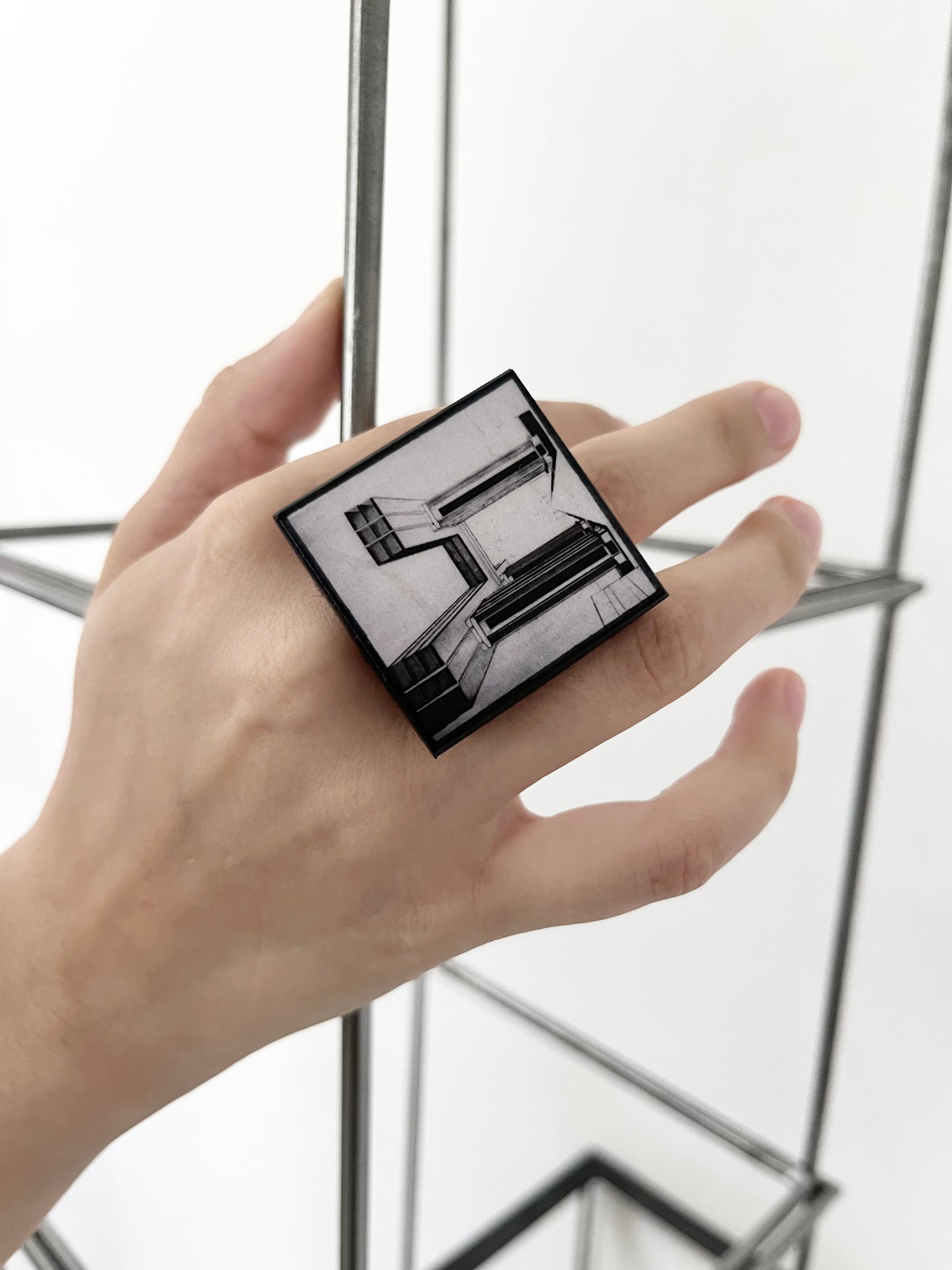 El Lissitzky, wood art ring, geometric architecture drawing jewellery