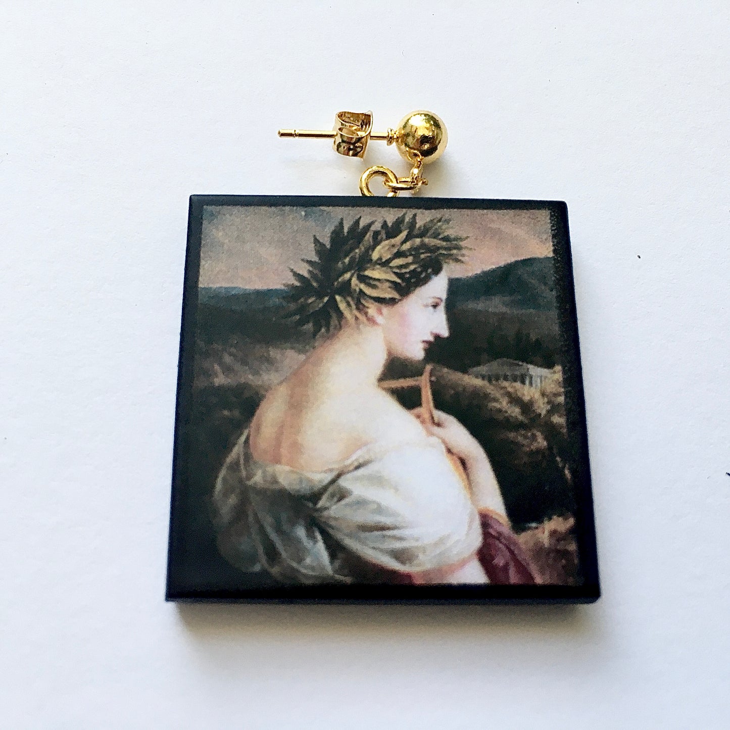 Museum-Inspired Sustainable Earrings Sappho painting by Carl Agricola, sustainable wood earrings Obljewellery