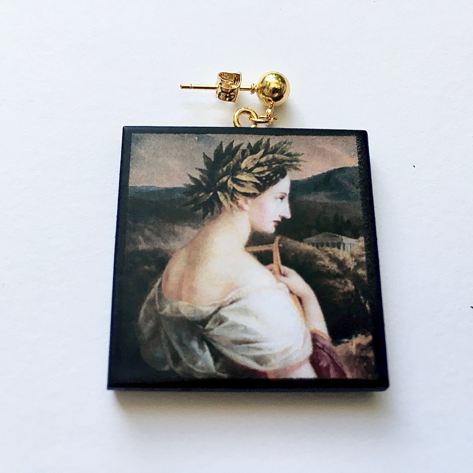 Museum-Inspired Sustainable Earrings Sappho painting by Carl Agricola, sustainable wood earrings Obljewellery