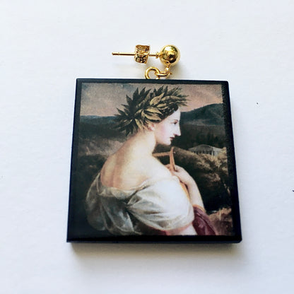 Museum-Inspired Sustainable Earrings Sappho painting by Carl Agricola, sustainable wood earrings Obljewellery