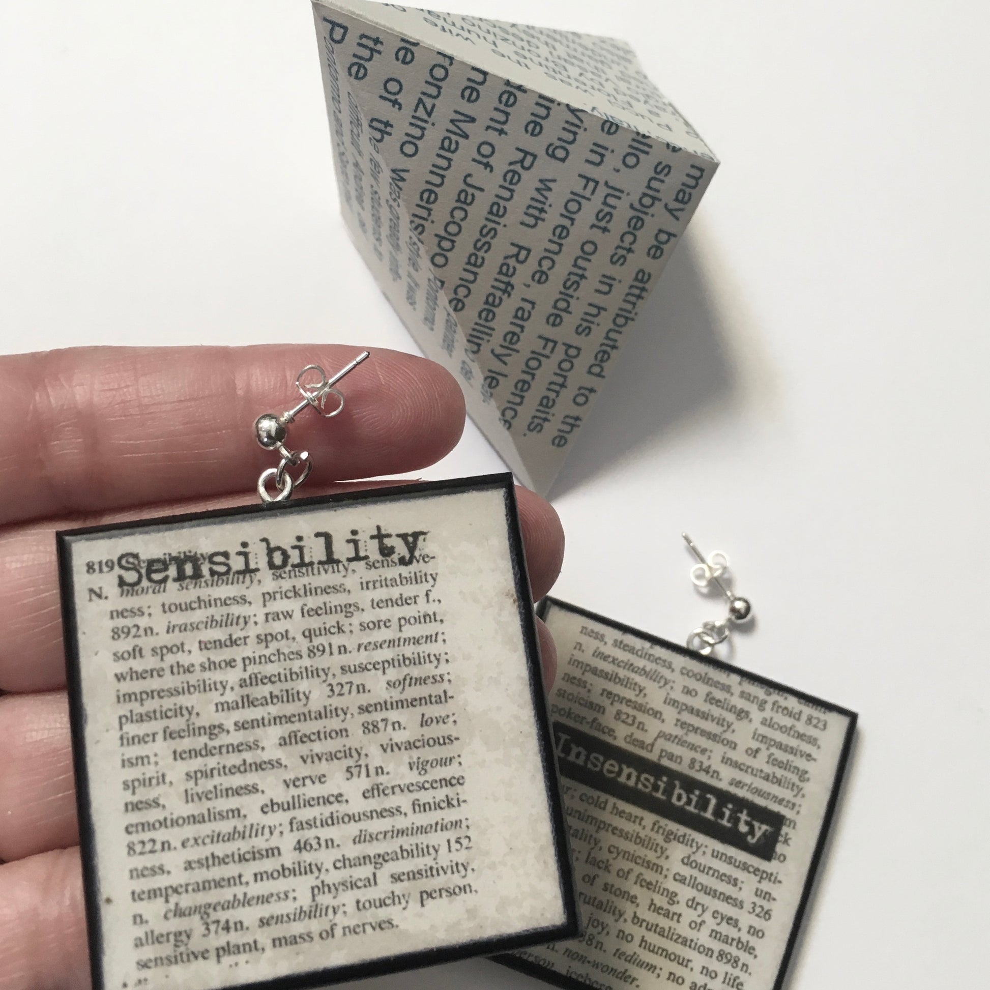 Museum-Inspired Sustainable Earrings Thesaurus book page earrings Obljewellery