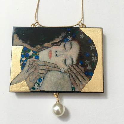 Museum-Inspired Sustainable Necklace Gustav Klimt “The Kiss” Art Pendant Necklace with Pearl &amp; Gold Leaf Obljewellery