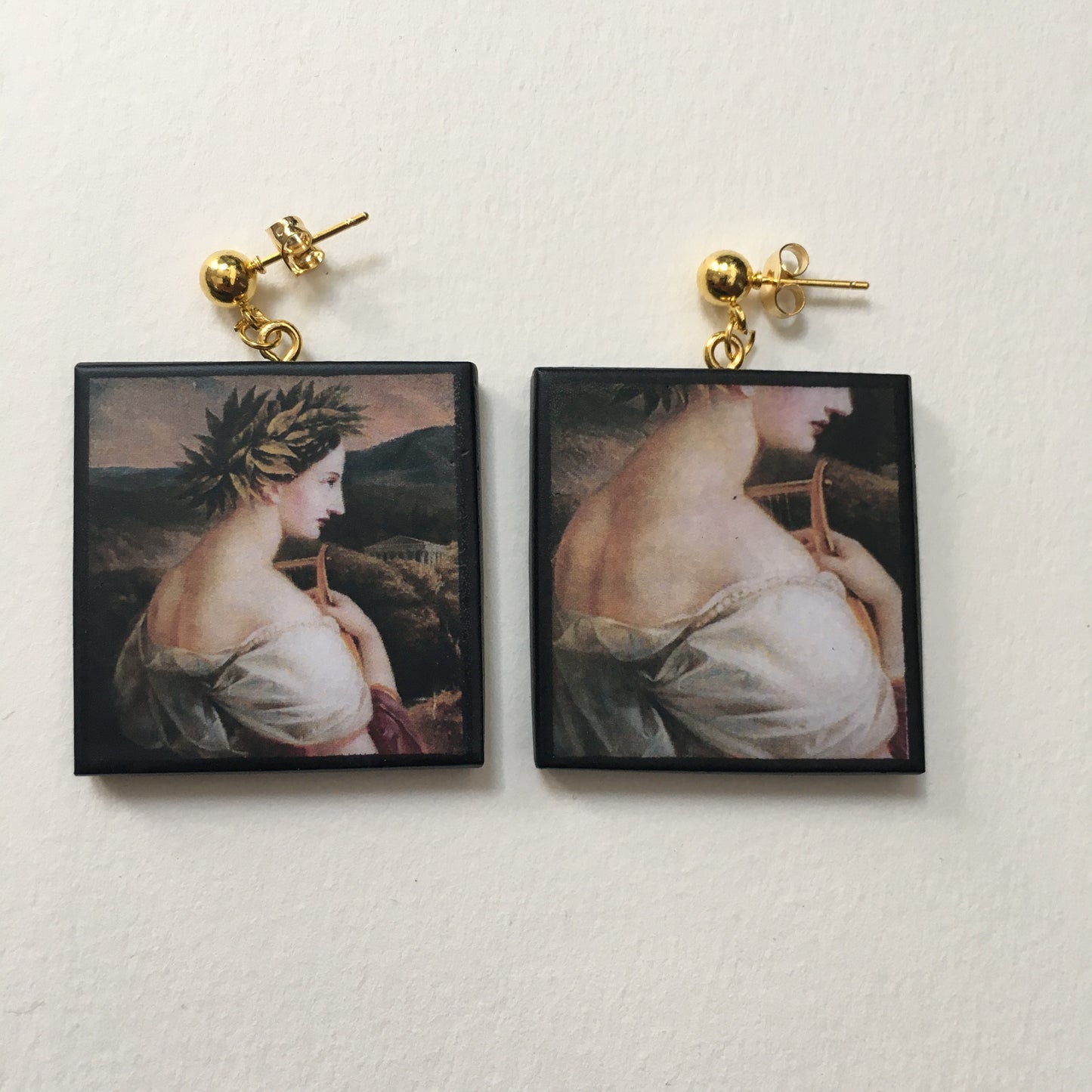 Museum-Inspired Sustainable Earrings Sappho painting by Carl Agricola, sustainable wood earrings Obljewellery