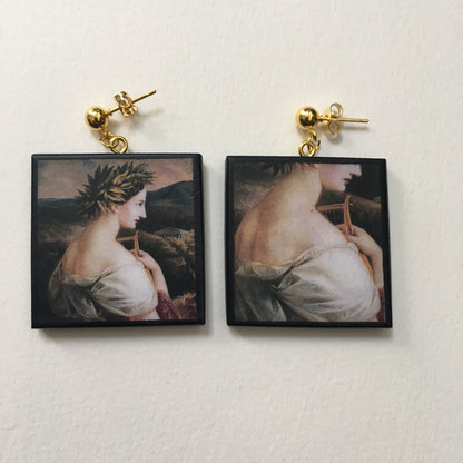 Museum-Inspired Sustainable Earrings Sappho painting by Carl Agricola, sustainable wood earrings Obljewellery