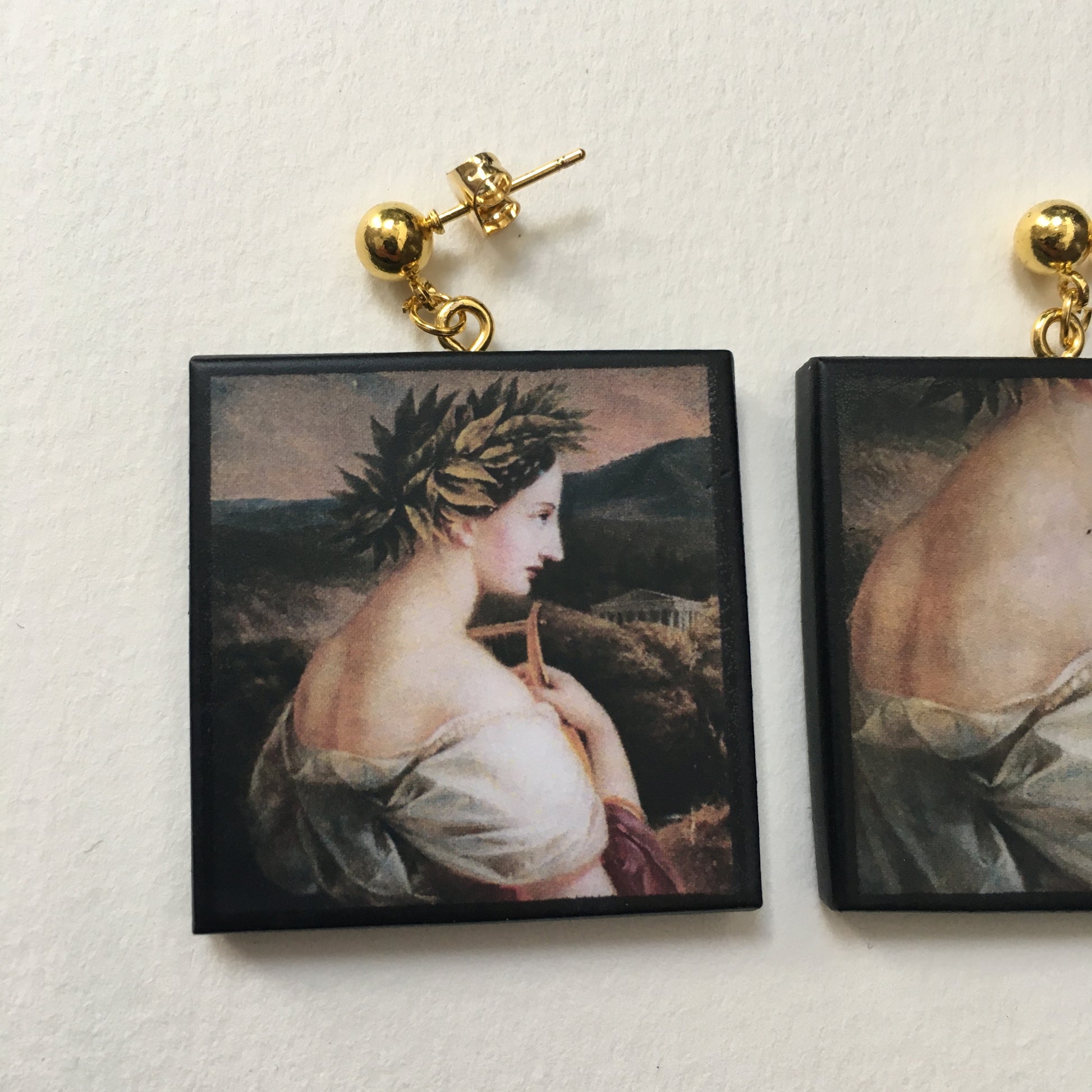 Museum-Inspired Sustainable Earrings Sappho painting by Carl Agricola, sustainable wood earrings Obljewellery