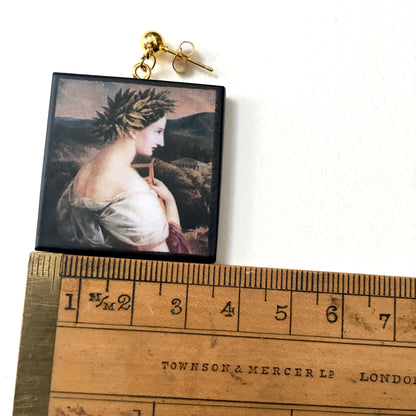 Museum-Inspired Sustainable Earrings Sappho painting by Carl Agricola, sustainable wood earrings Obljewellery