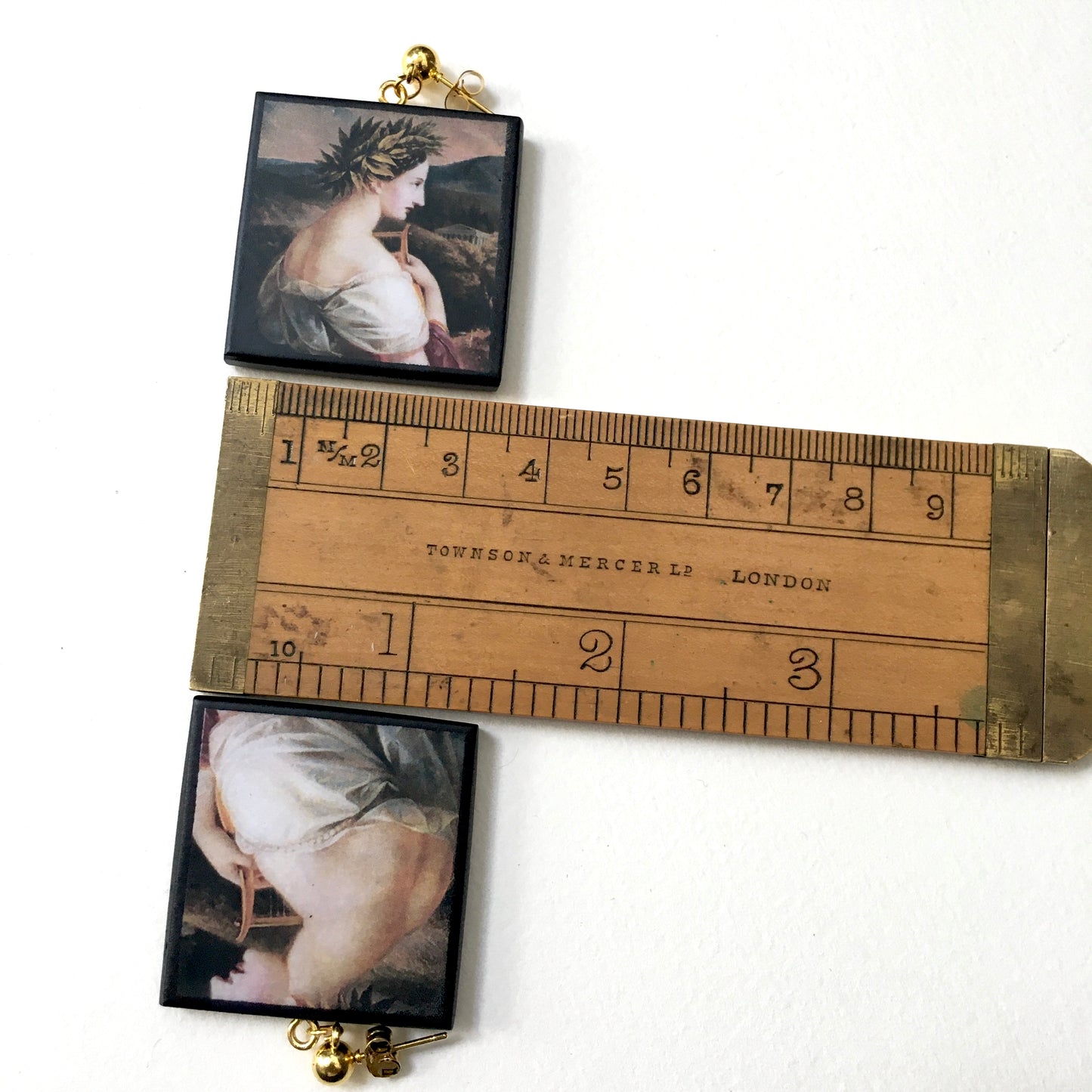 Museum-Inspired Sustainable Earrings Sappho painting by Carl Agricola, sustainable wood earrings Obljewellery