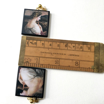 Museum-Inspired Sustainable Earrings Sappho painting by Carl Agricola, sustainable wood earrings Obljewellery