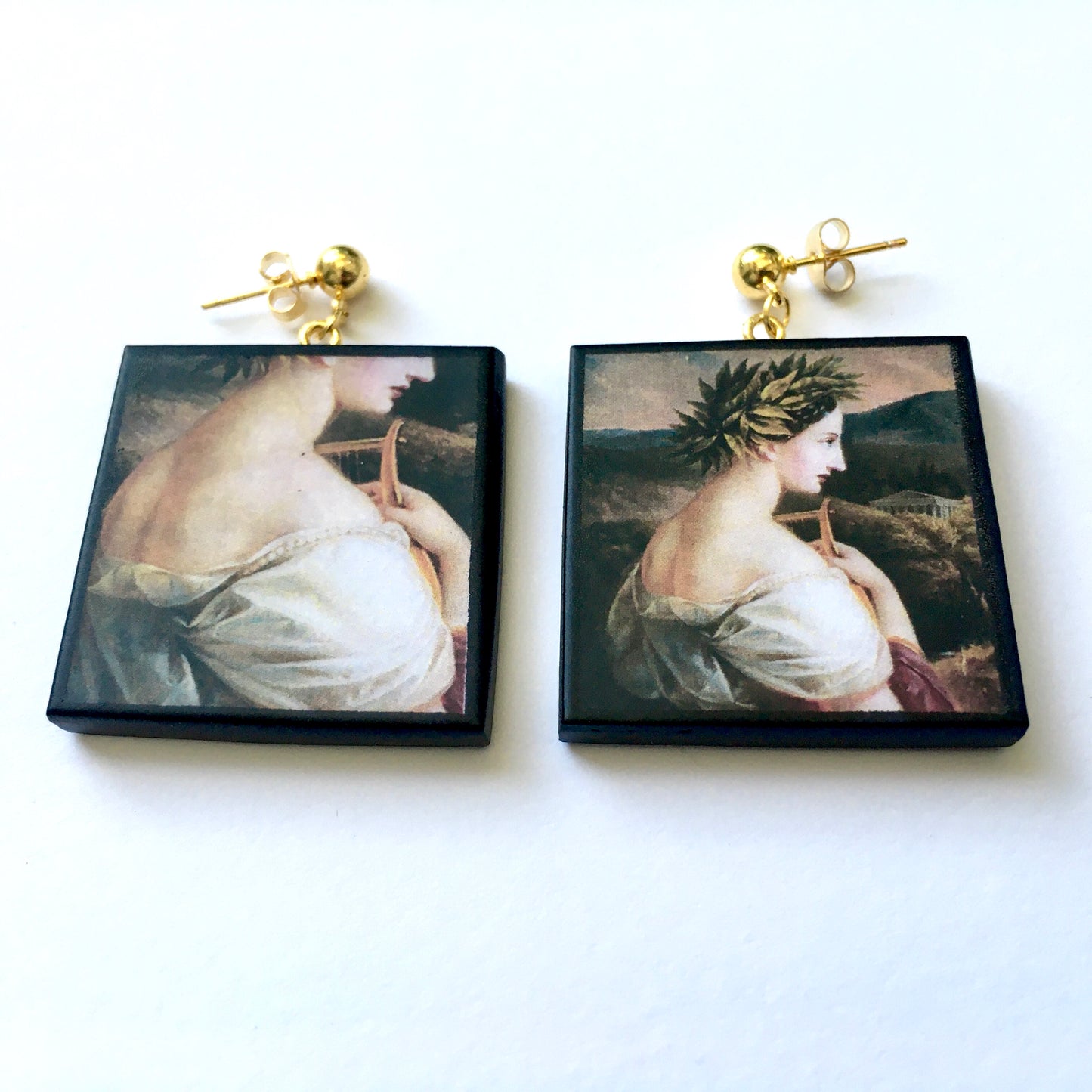 Museum-Inspired Sustainable Earrings Sappho painting by Carl Agricola, sustainable wood earrings Obljewellery
