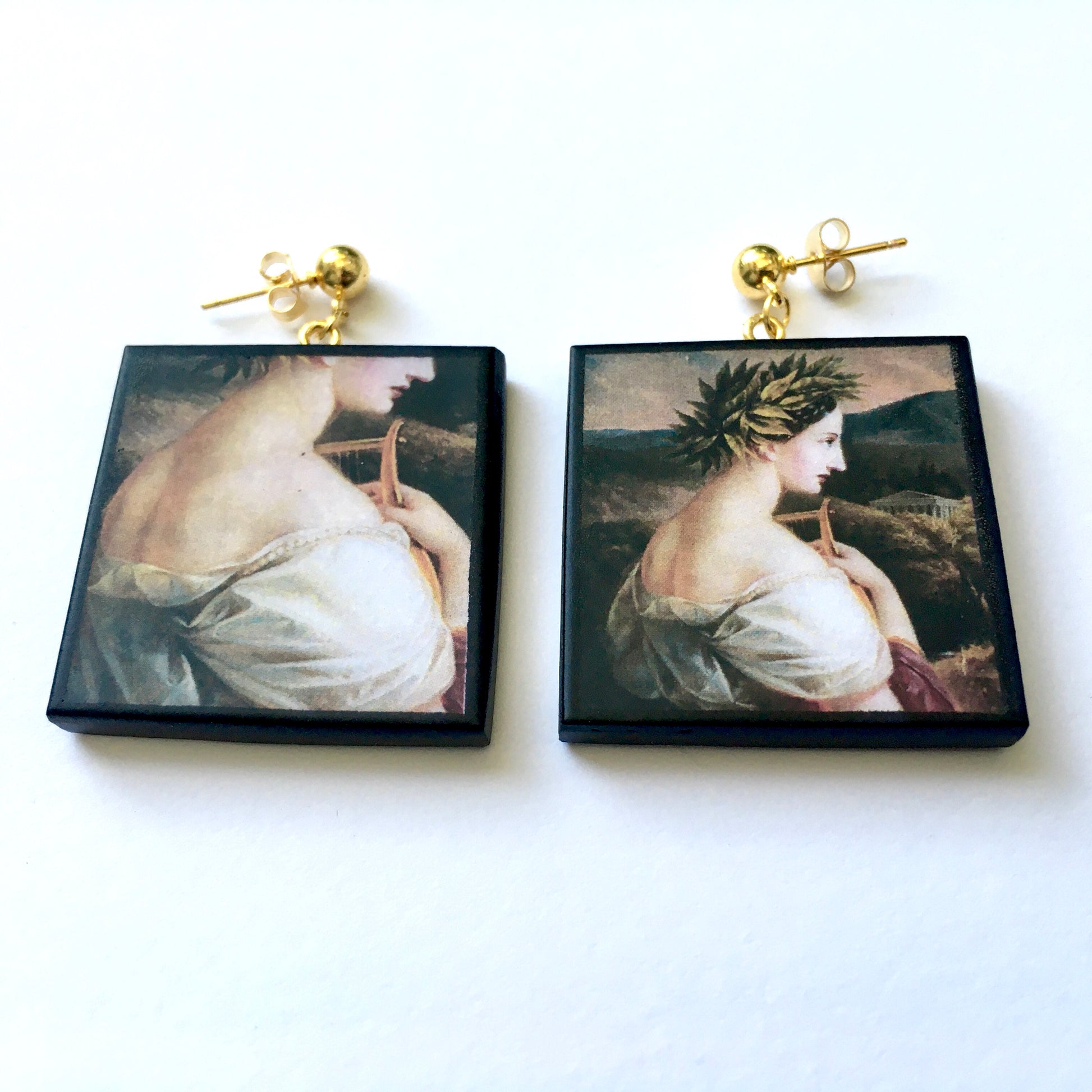 Museum-Inspired Sustainable Earrings Sappho painting by Carl Agricola, sustainable wood earrings Obljewellery