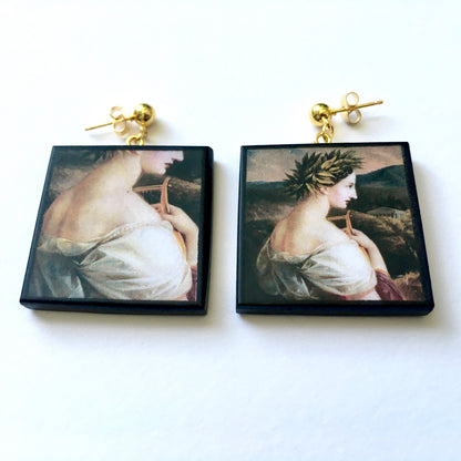 Museum-Inspired Sustainable Earrings Sappho painting by Carl Agricola, sustainable wood earrings Obljewellery