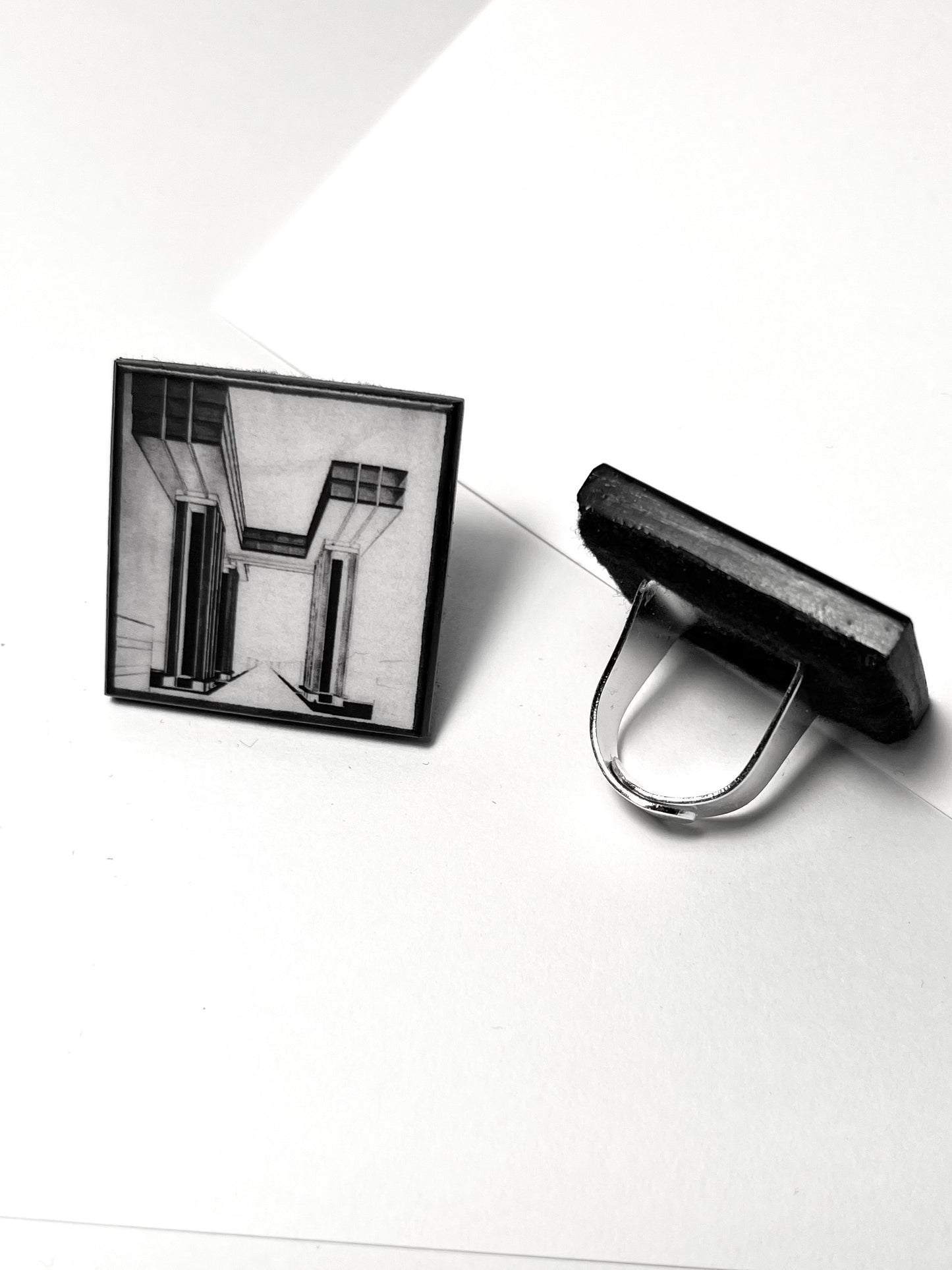 El Lissitzky, wood art ring, geometric architecture drawing jewellery