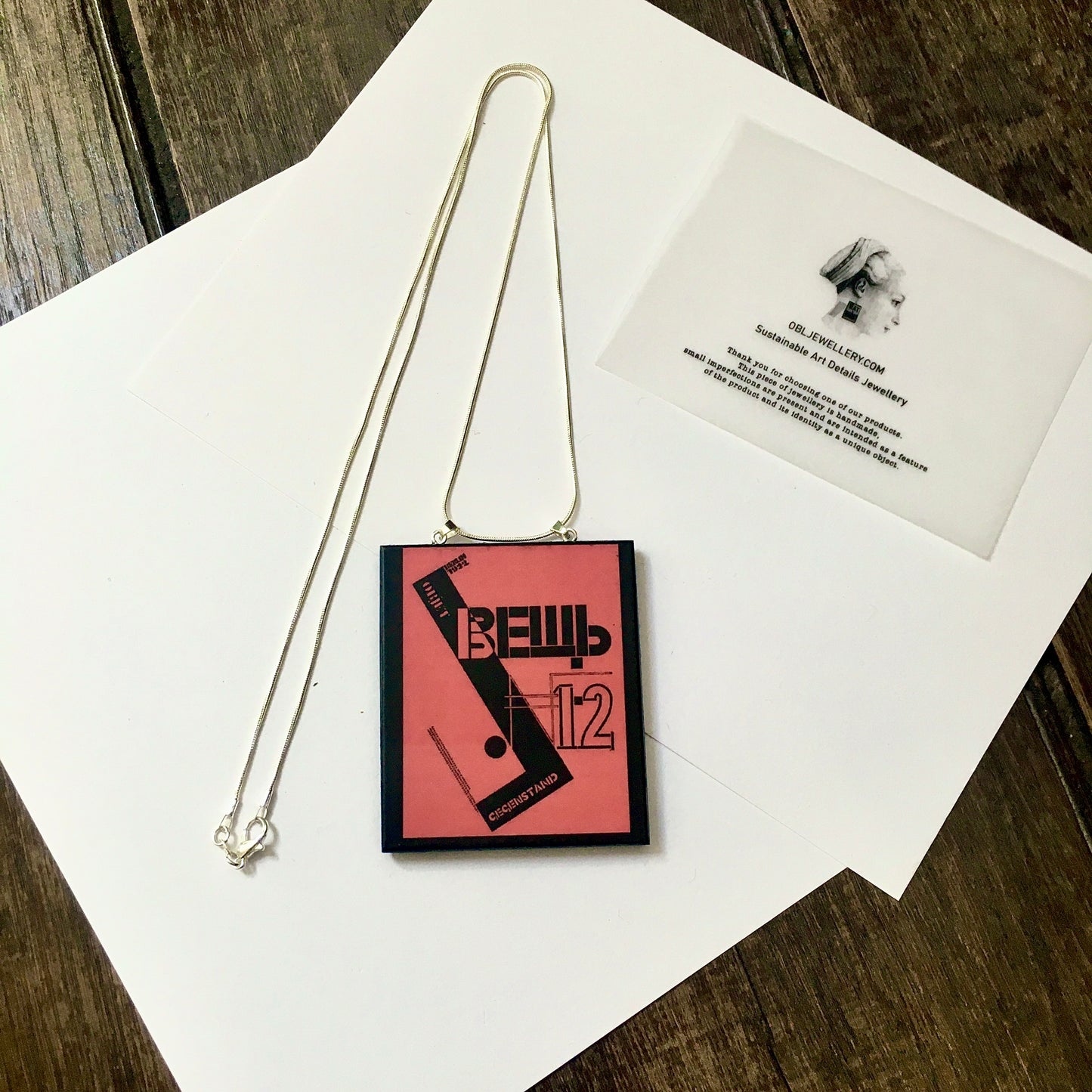 Museum-Inspired Sustainable Necklace El Lissitzky, Object magazine cover necklace pendant Obljewellery
