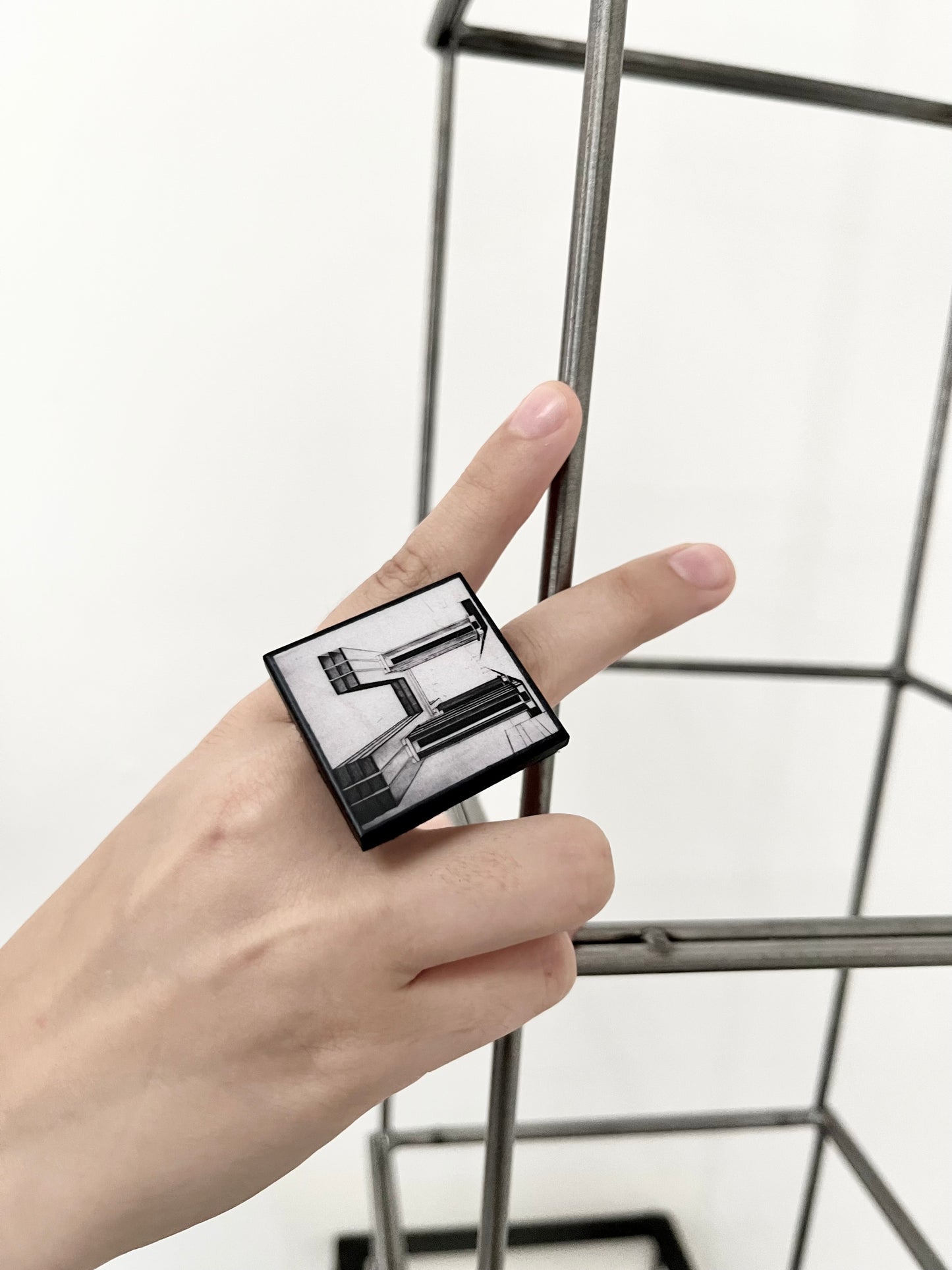 El Lissitzky, wood art ring, geometric architecture drawing jewellery