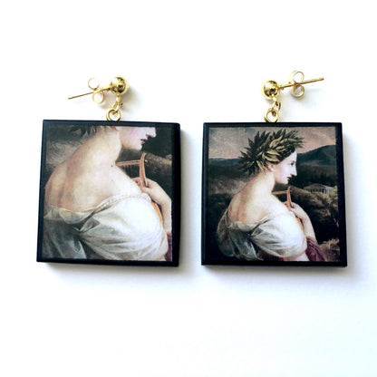 Museum-Inspired Sustainable Earrings Sappho painting by Carl Agricola, sustainable wood earrings Obljewellery
