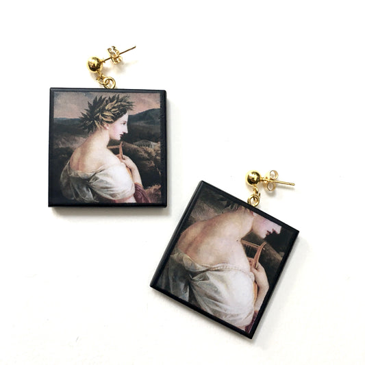 Museum-Inspired Sustainable Earrings Sappho painting by Carl Agricola, sustainable wood earrings Obljewellery