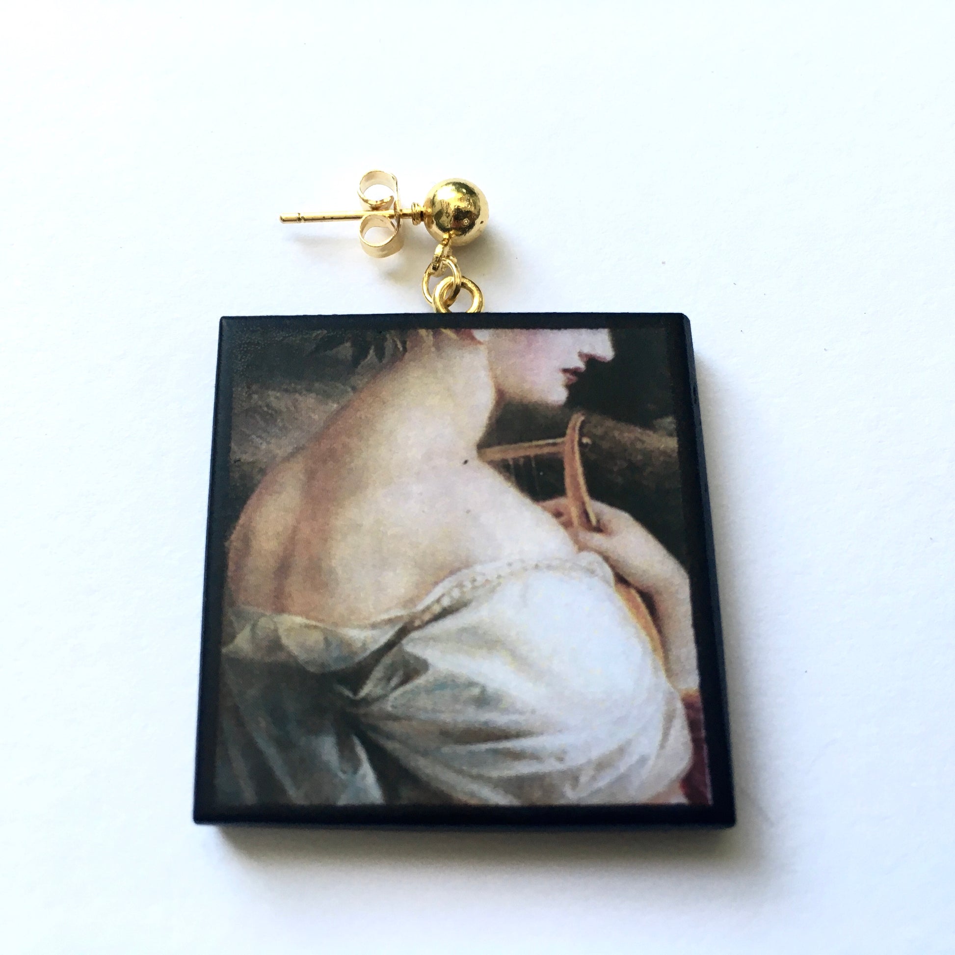 Museum-Inspired Sustainable Earrings Sappho painting by Carl Agricola, sustainable wood earrings Obljewellery