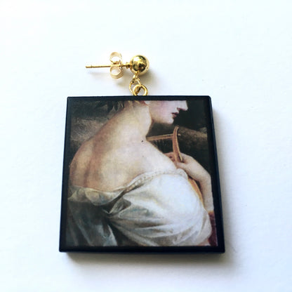 Museum-Inspired Sustainable Earrings Sappho painting by Carl Agricola, sustainable wood earrings Obljewellery