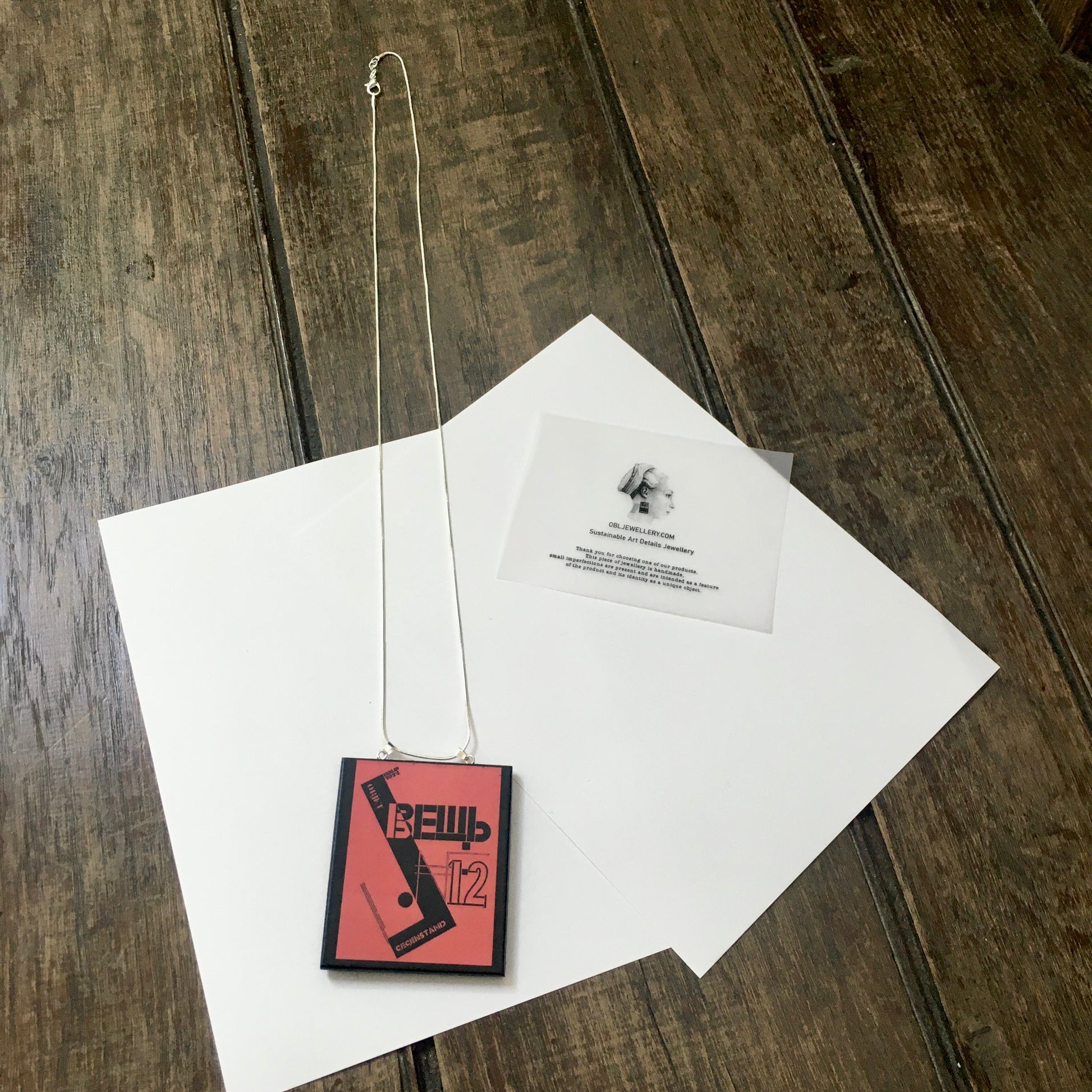 Museum-Inspired Sustainable Necklace El Lissitzky, Object magazine cover necklace pendant Obljewellery