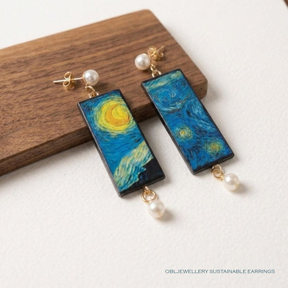 Museum-Inspired Sustainable Earrings Van Gogh|StarryNight|sustainable wood earrings obljewellery