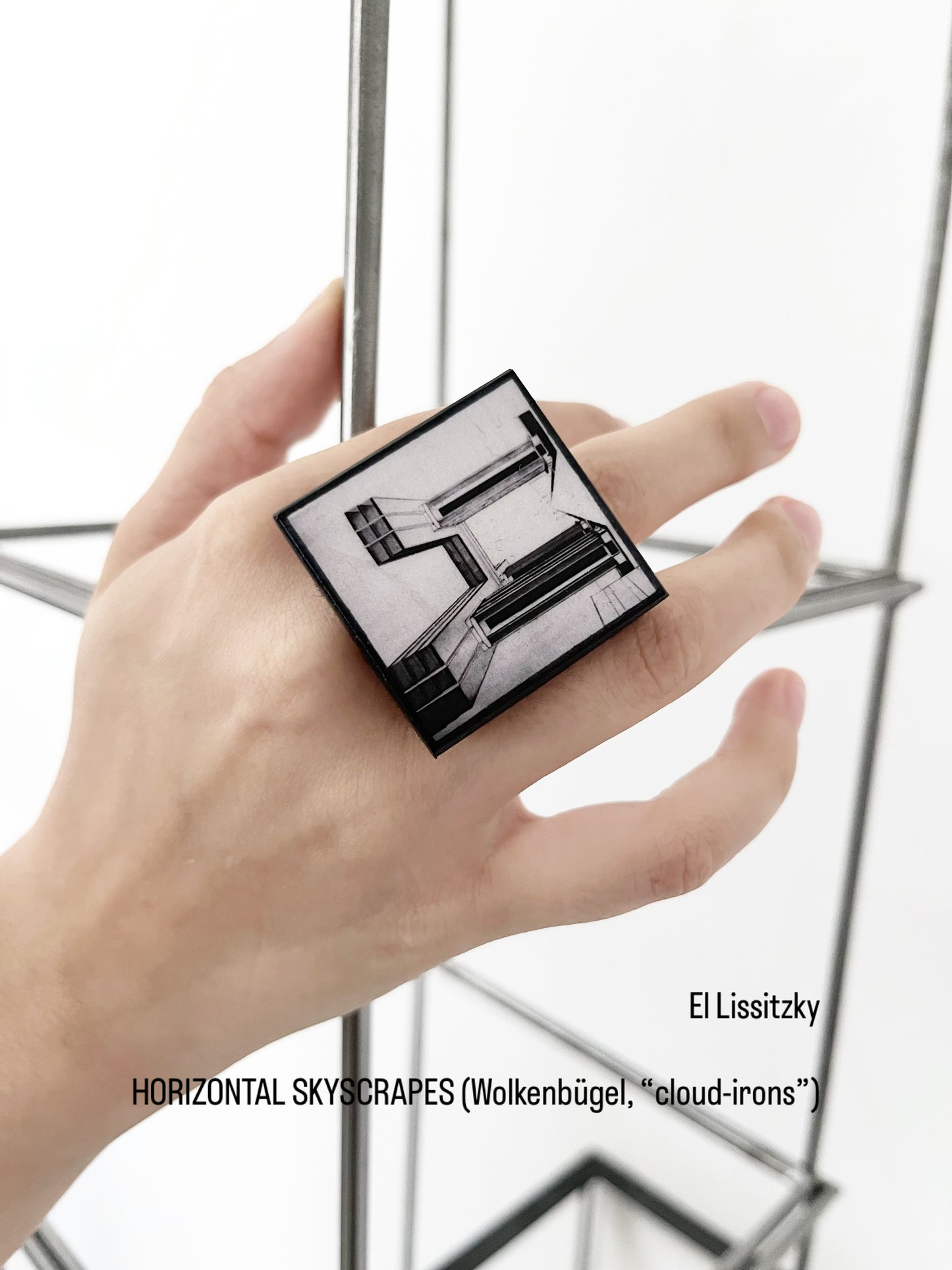 El Lissitzky, wood art ring, geometric architecture drawing jewellery