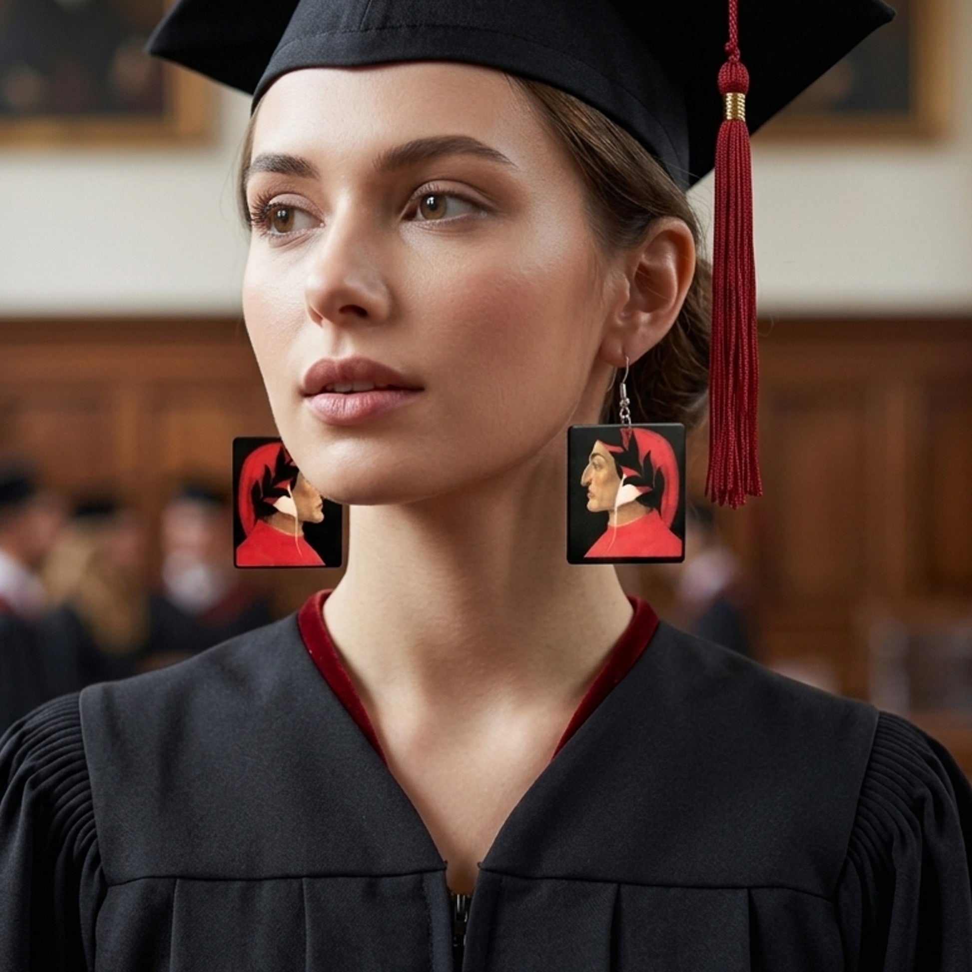#Close-up of a model wearing a black graduation gown, featuring handcrafted, specular mismatched wood earrings depicting the profile of Dante Alighieri inspired by Sandro Botticelli's historic Renaissance portrait; the poet is shown in his traditional red cloak and laurel wreath, perfectly embodying a dark academia aesthetic.