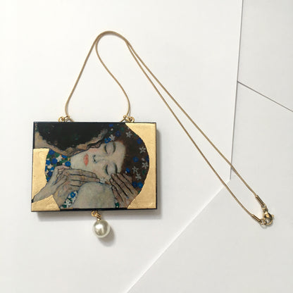 Museum-Inspired Sustainable Necklace Gustav Klimt “The Kiss” Art Pendant Necklace with Pearl &amp; Gold Leaf Obljewellery