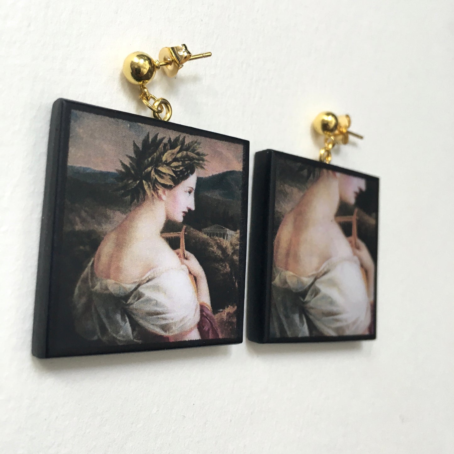 Museum-Inspired Sustainable Earrings Sappho painting by Carl Agricola, sustainable wood earrings Obljewellery