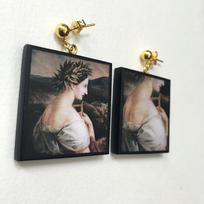 Museum-Inspired Sustainable Earrings Sappho painting by Carl Agricola, sustainable wood earrings Obljewellery