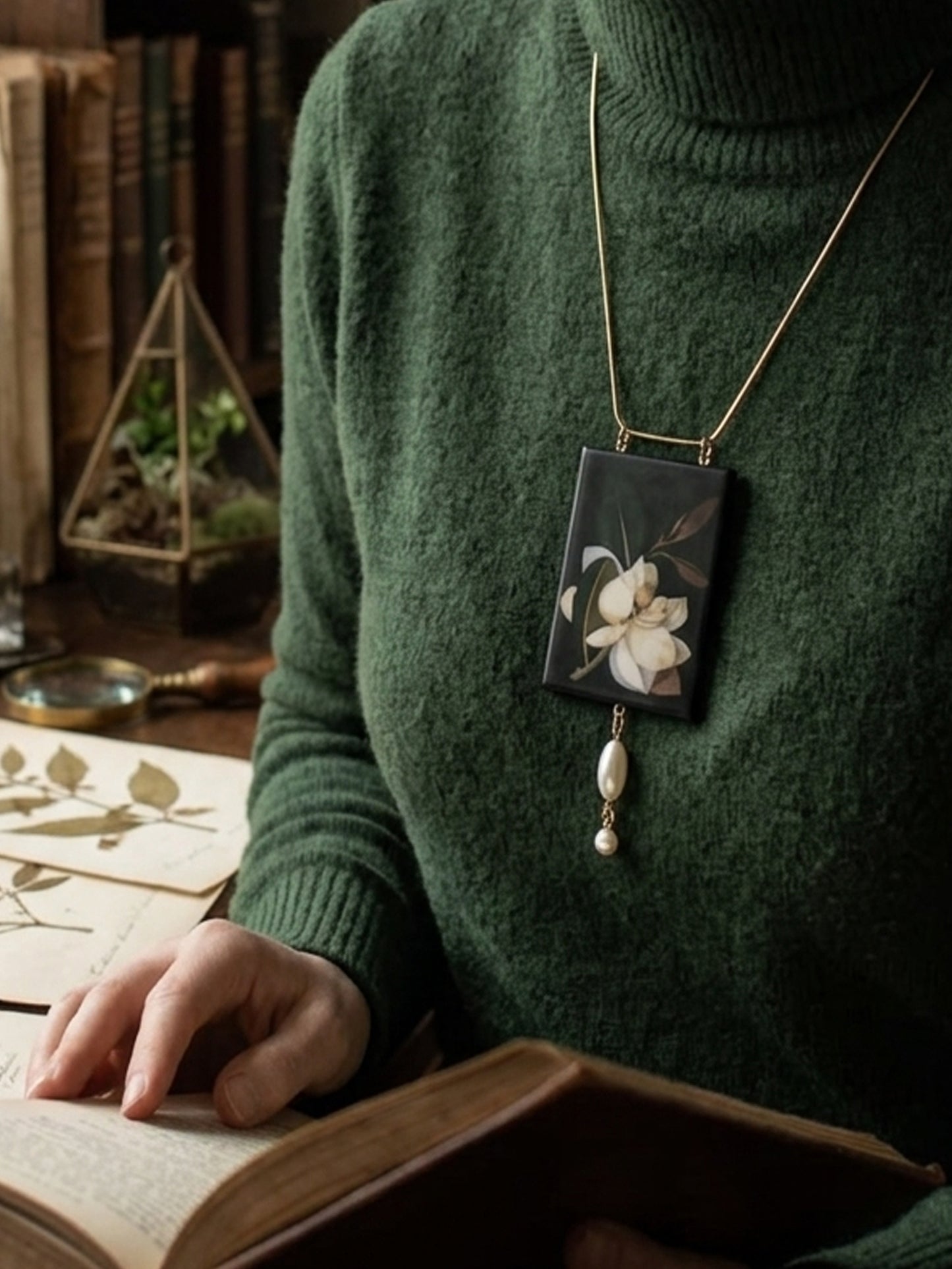 Mary Delany Magnolia Wood Necklace Botanical Wearable Art