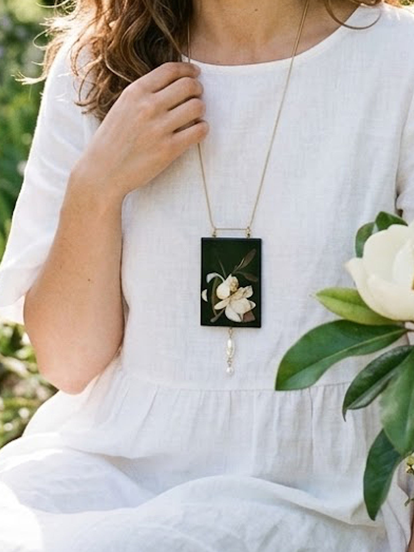 Mary Delany Magnolia Wood Necklace Botanical Wearable Art