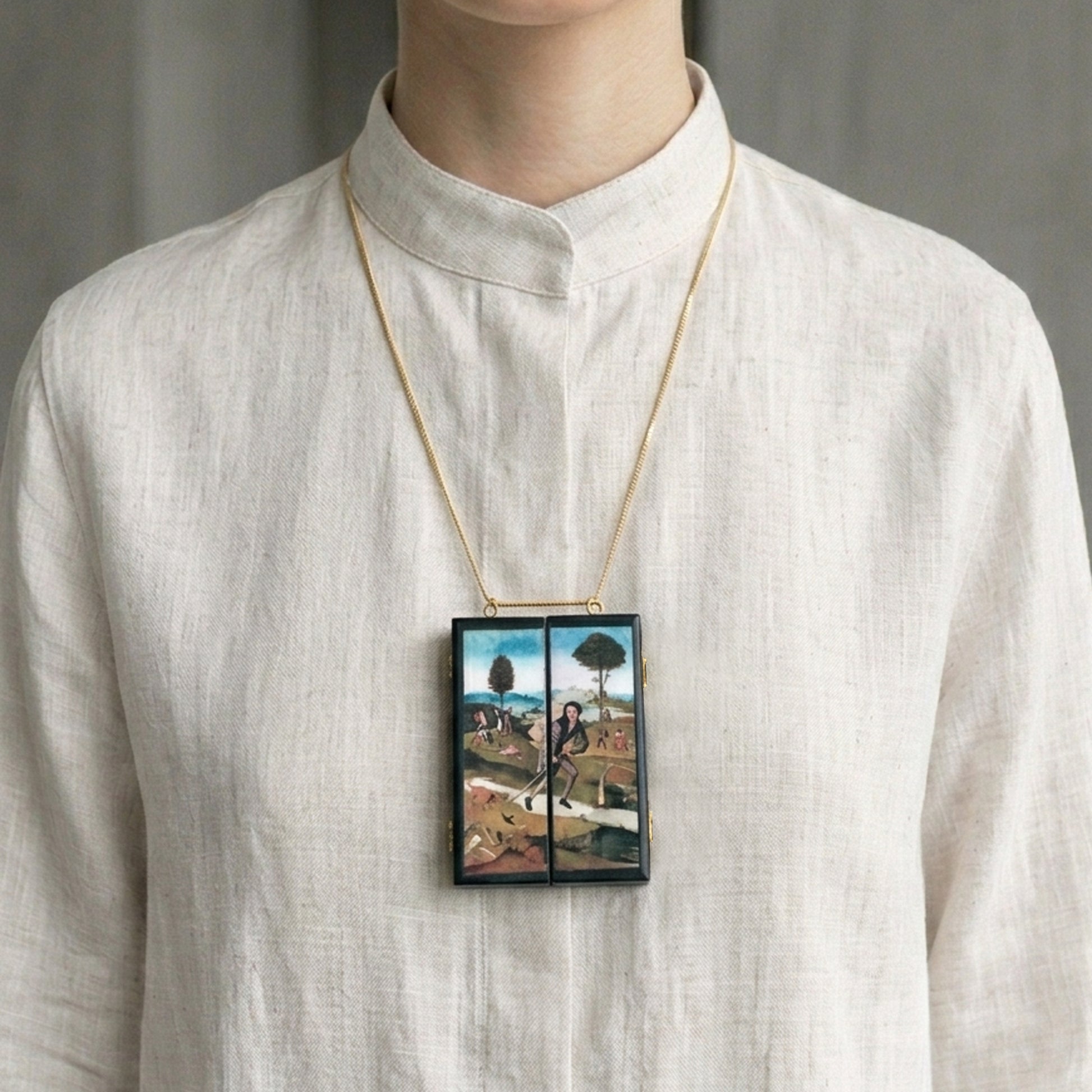 Museum-Inspired Sustainable Necklace Hieronymus Bosch, miniature triptych necklace Obljewellery