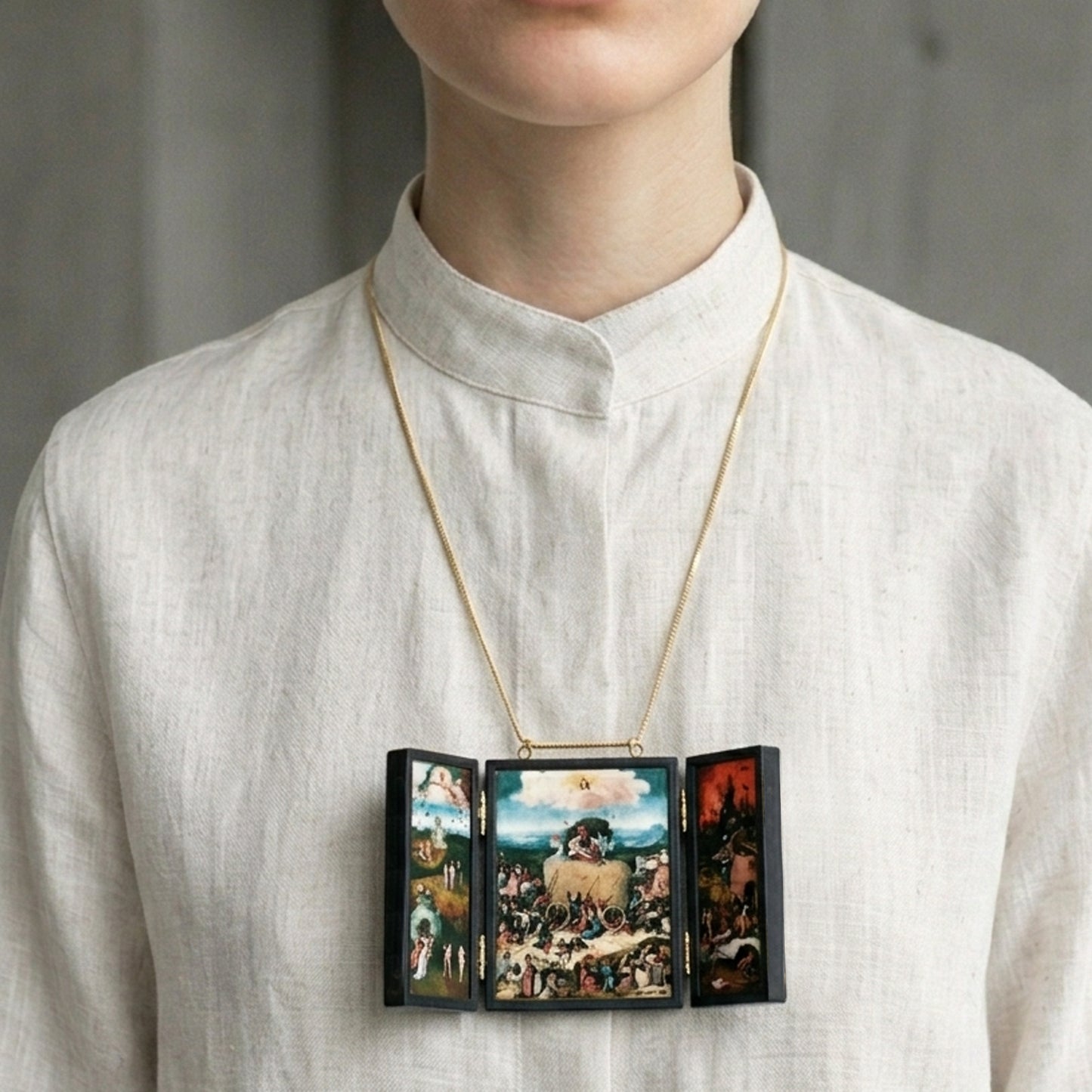 Museum-Inspired Sustainable Necklace Hieronymus Bosch, miniature triptych necklace Obljewellery