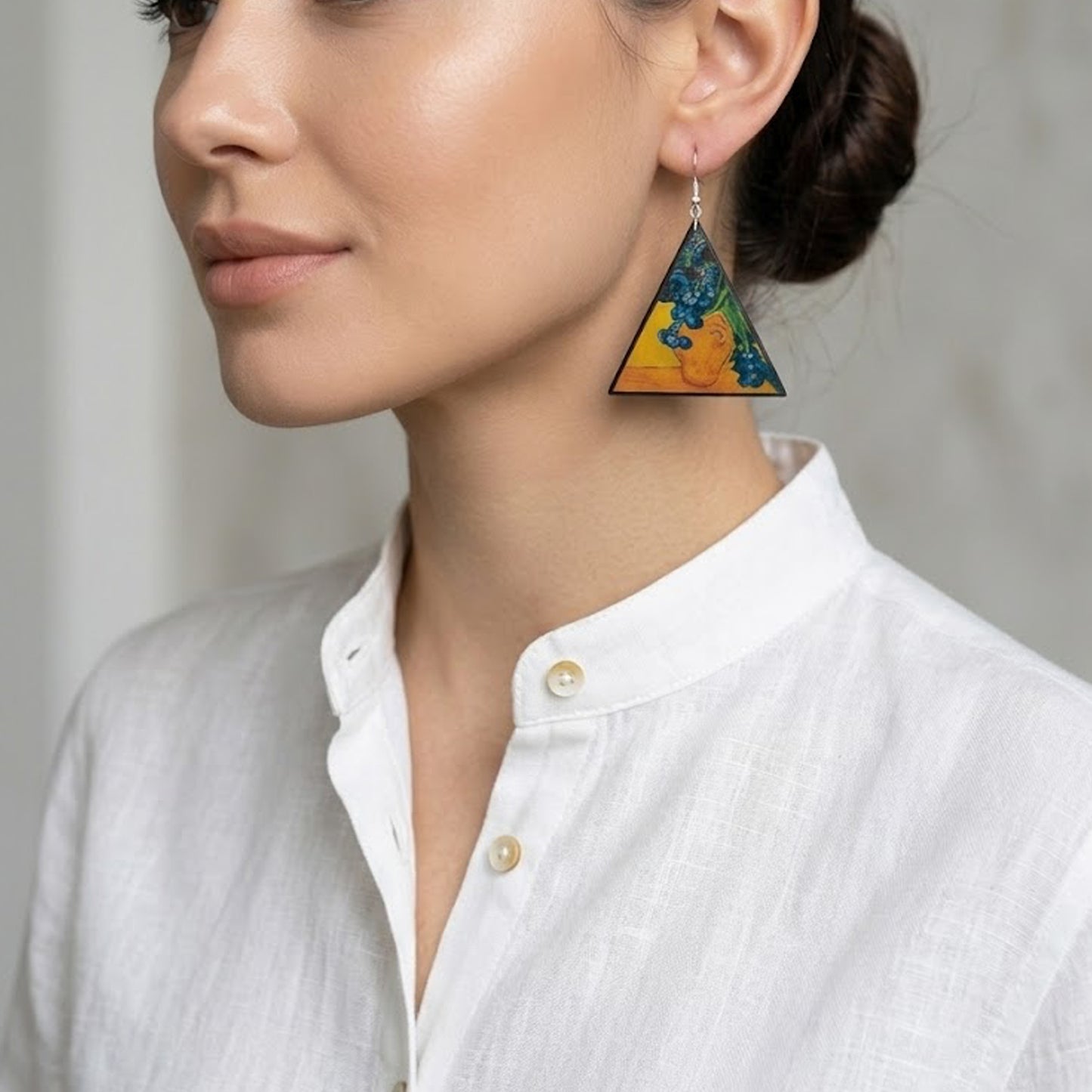 Van Gogh Irises Triangle Earrings. Sustainable wood and sterling silver.