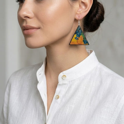 Van Gogh Irises Triangle Earrings. Sustainable wood and sterling silver.