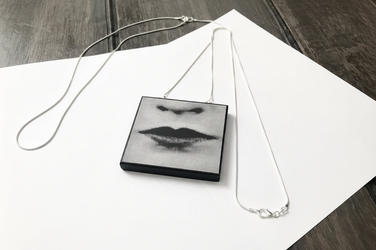 Necklace with Bauhause inspiration lips image handmade from sustainable wood